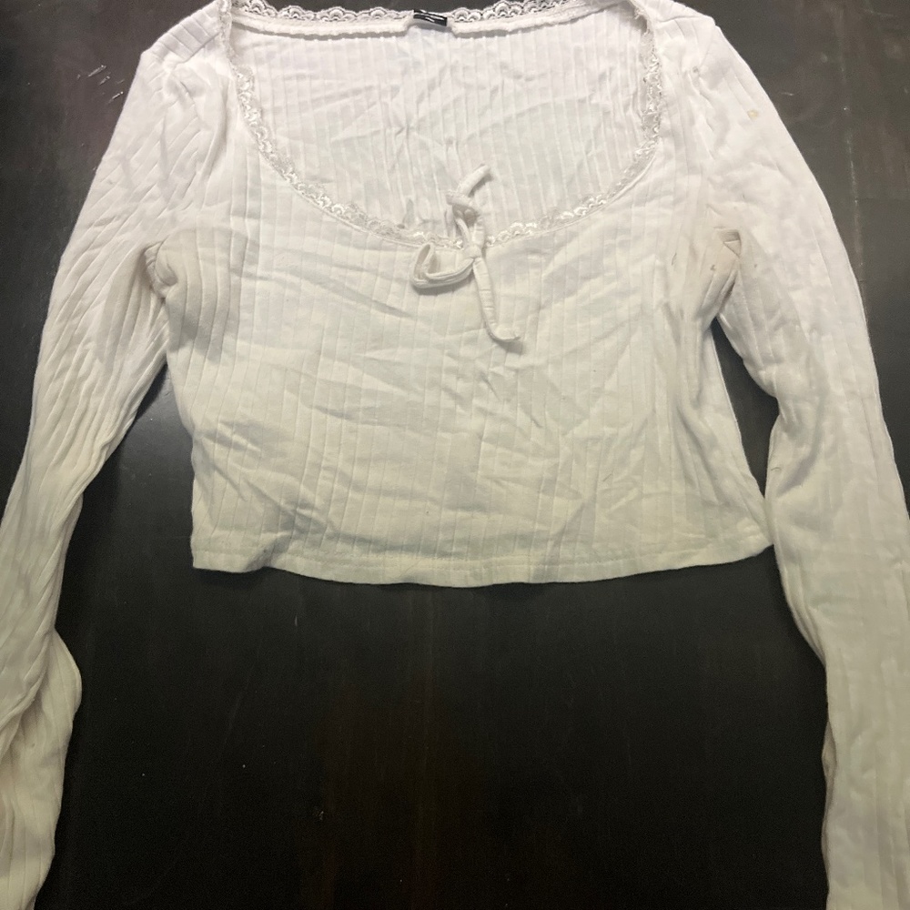 White Ribbed Long Sleeve Scoop Neck
